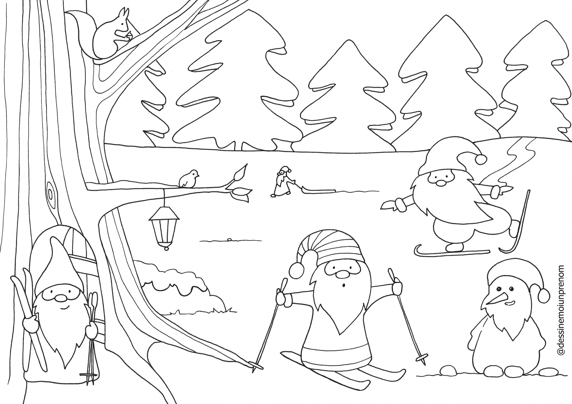 coloriage de lutins aux sports d'hiver